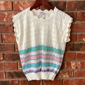 Vintage Cristin Stevens White Pastel Colorful Knit Sweater Vest